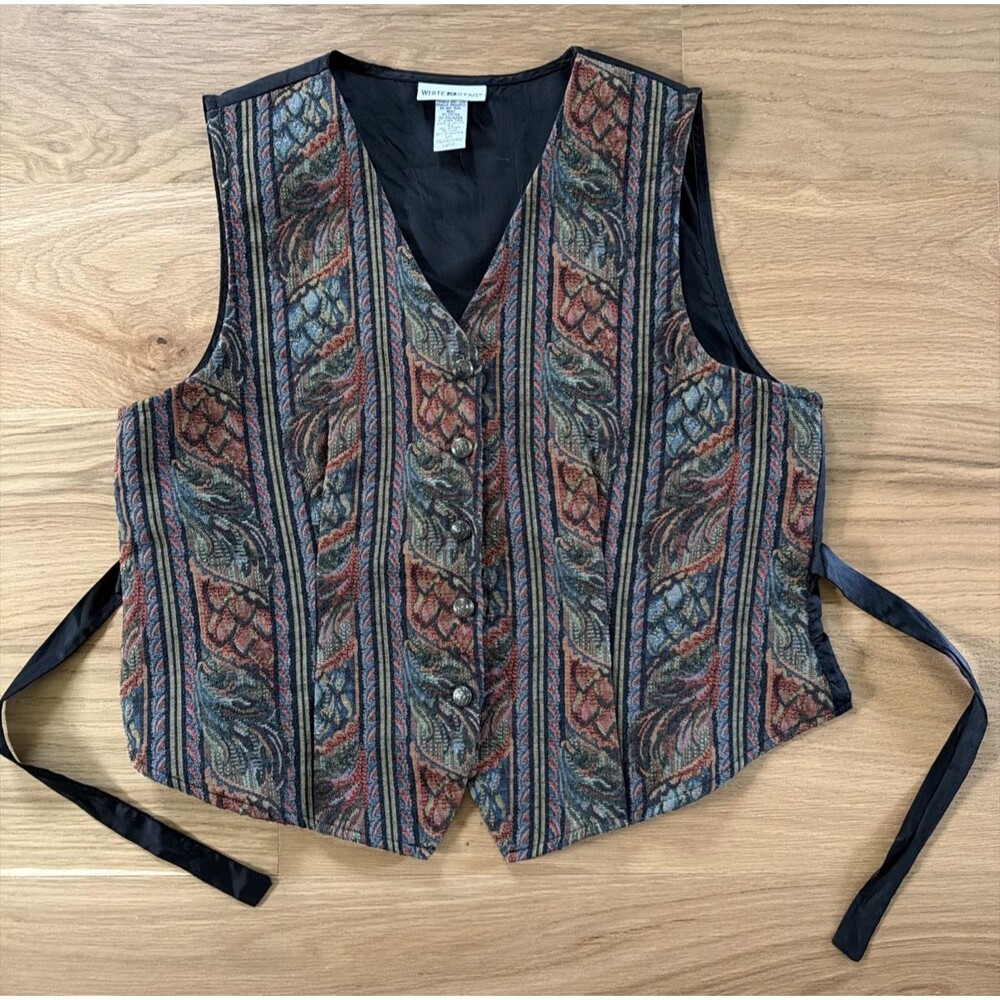 Vtg Western Maximalist Artsy Tapestry Vest Waistcoat L White Stag 90s Victorian